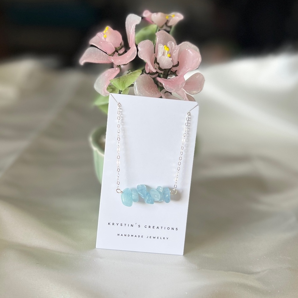 925 Silver🌟Aquamarine Crystal Bar Necklace- Handmade